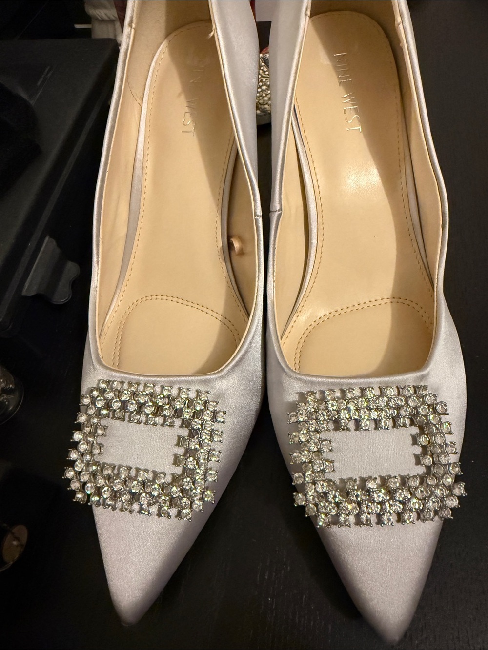 Nine West Silver Satin Pointed Toe Pumps with Crystal Buckle
